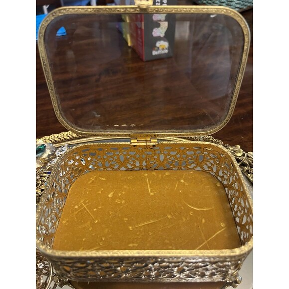 Jewelry Box Gold Trinket Filigree Flowers Beveled Glass ORMOLU Velvet Vtg Casket - Picture 9 of 11